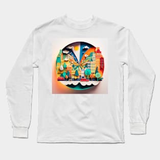 3D Effect Papercut Art - Cityscape Scene Long Sleeve T-Shirt